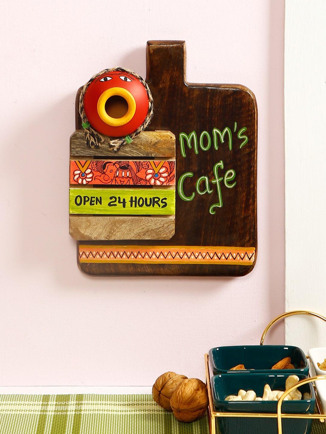 

Aapno Rajasthan Brown & Red Hand-Painted Mom's Cafe Wooden Wall Frame
