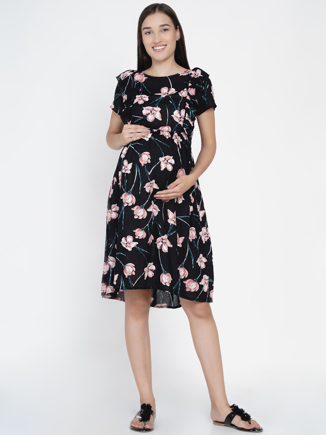 

Mine4Nine Women Black Printed Fit and Flare Maternity Dress