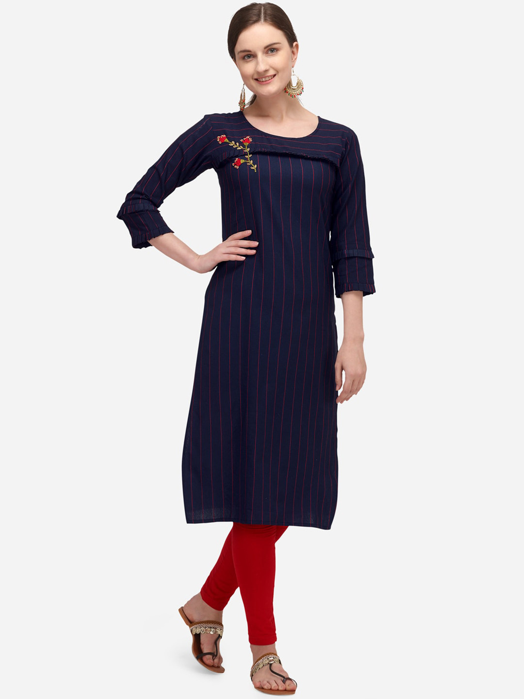 

Youthnic Women Navy Blue & Red Striped Thread Work Kurta