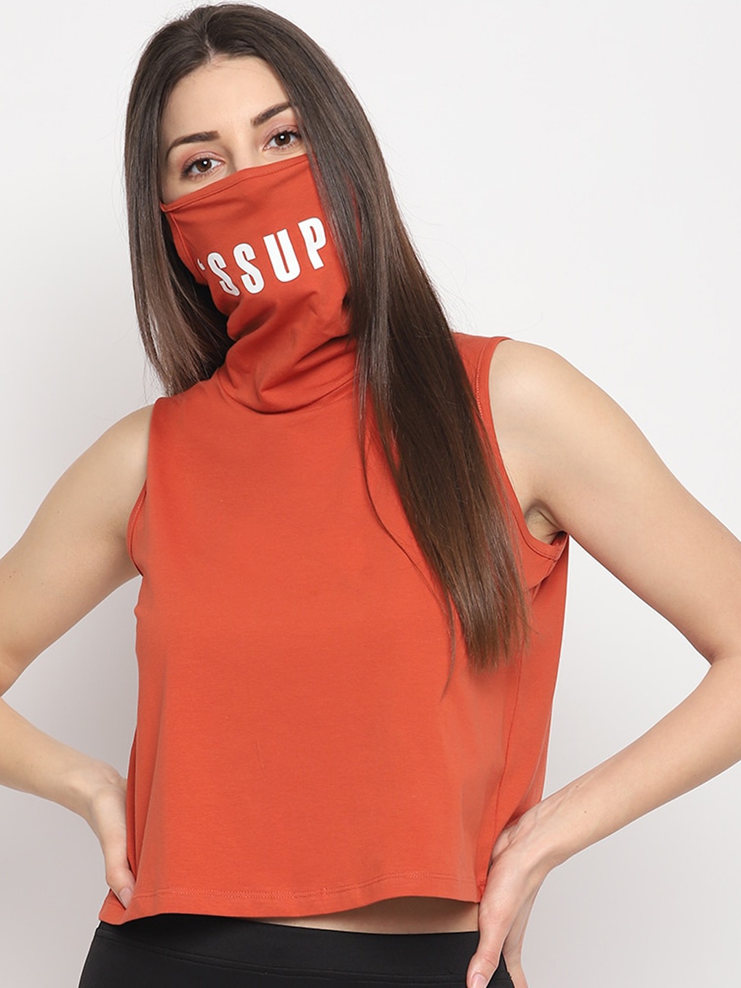 

OTORVA Cotton Rust Brown High Neck Sleeveless Boxy Top