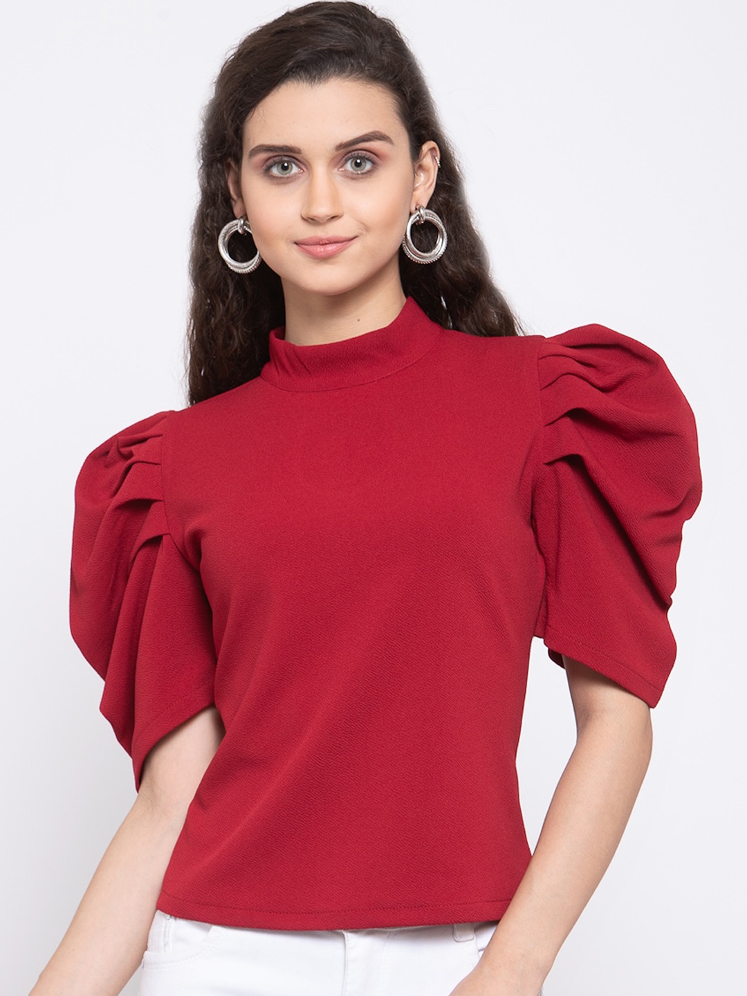 

Zastraa Maroon Puff Sleeves Regular Top