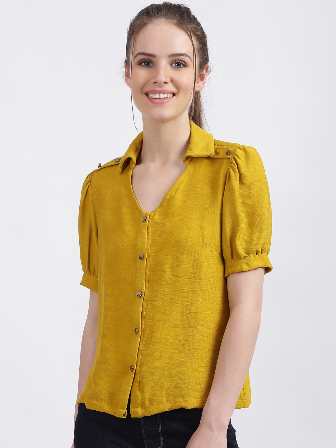 

Zink London Mustard Yellow Puff Sleeves Shirt Style Top