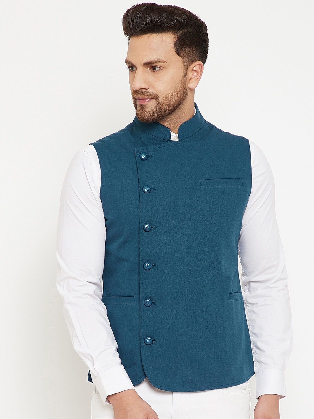

Hypernation Men Teal Blue Solid Woven Cotton Twill Nehru Jacket