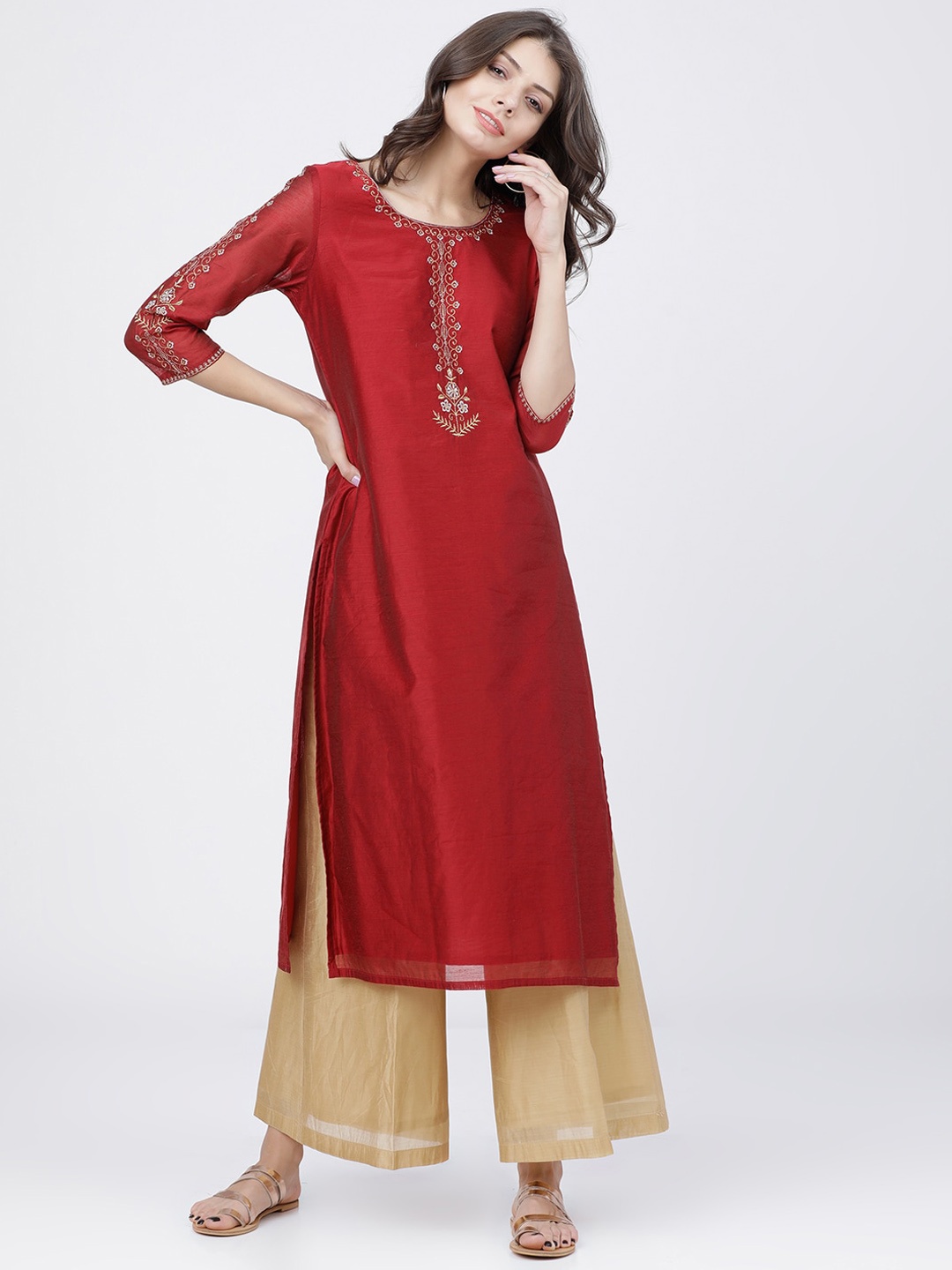 

Vishudh Women Red Ethnic Motifs Yoke Design Kurta