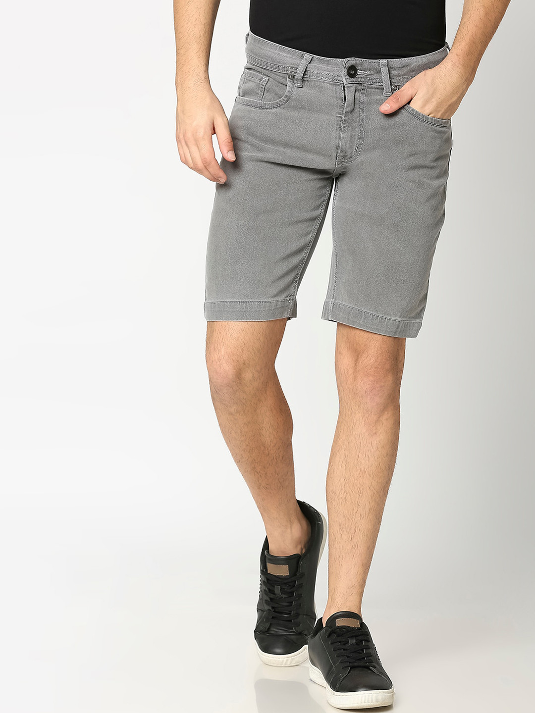 

High Star Men Grey Solid Slim Fit Denim Shorts