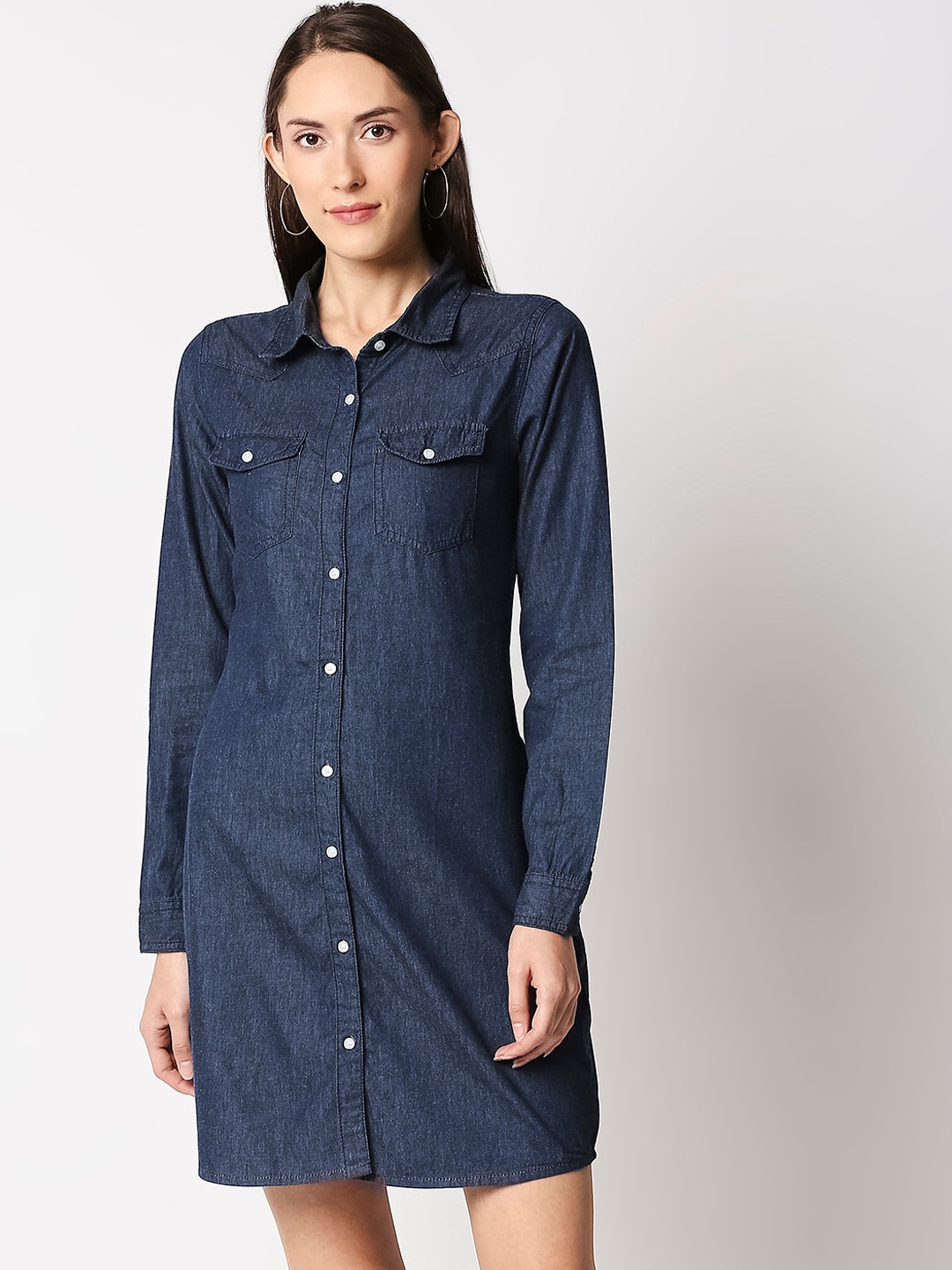 

High Star Women Navy Blue Solid Shirt Dress