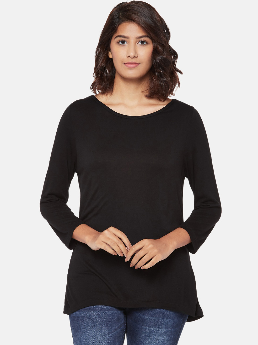 

People Women Black Solid Boat Neck T-shirt
