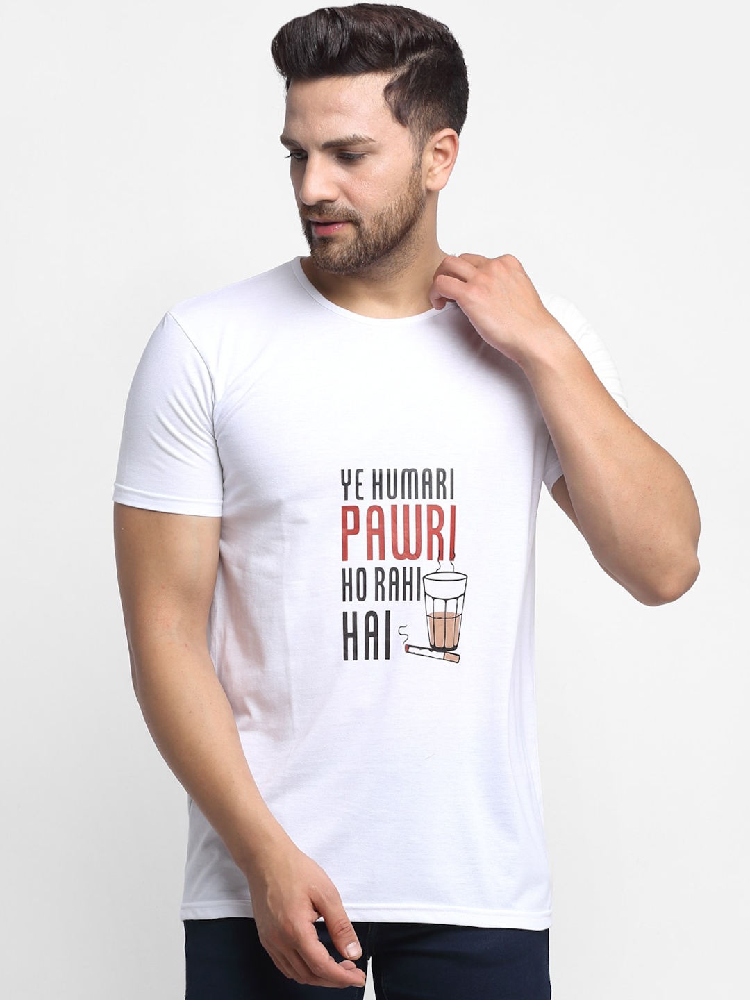 

MACK JONNEY Men White Ye Humari Pawri Ho Rahi Hai Printed Round Neck T-shirt
