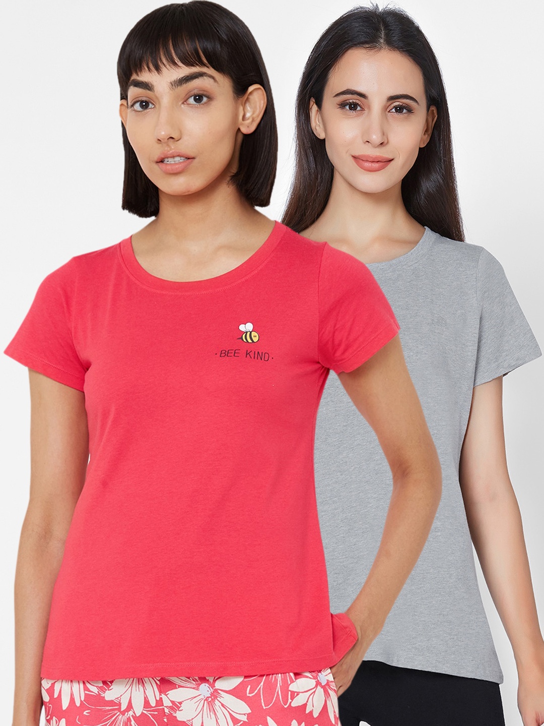 Soie Women Pack Of 2 Solid Lounge T-Shirts, Grey melange