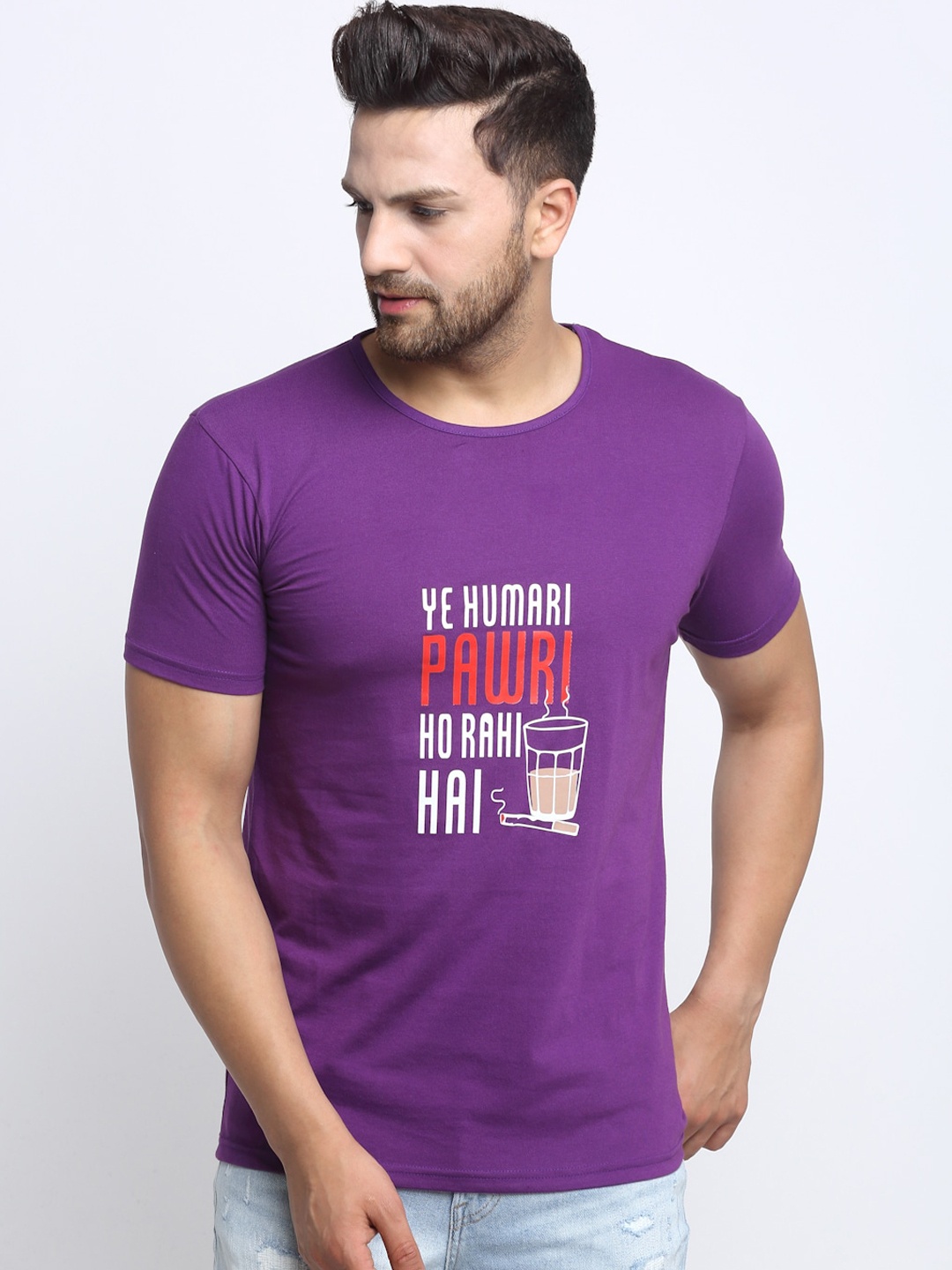 

VIMAL JONNEY Men Purple Printed Round Neck T-shirt