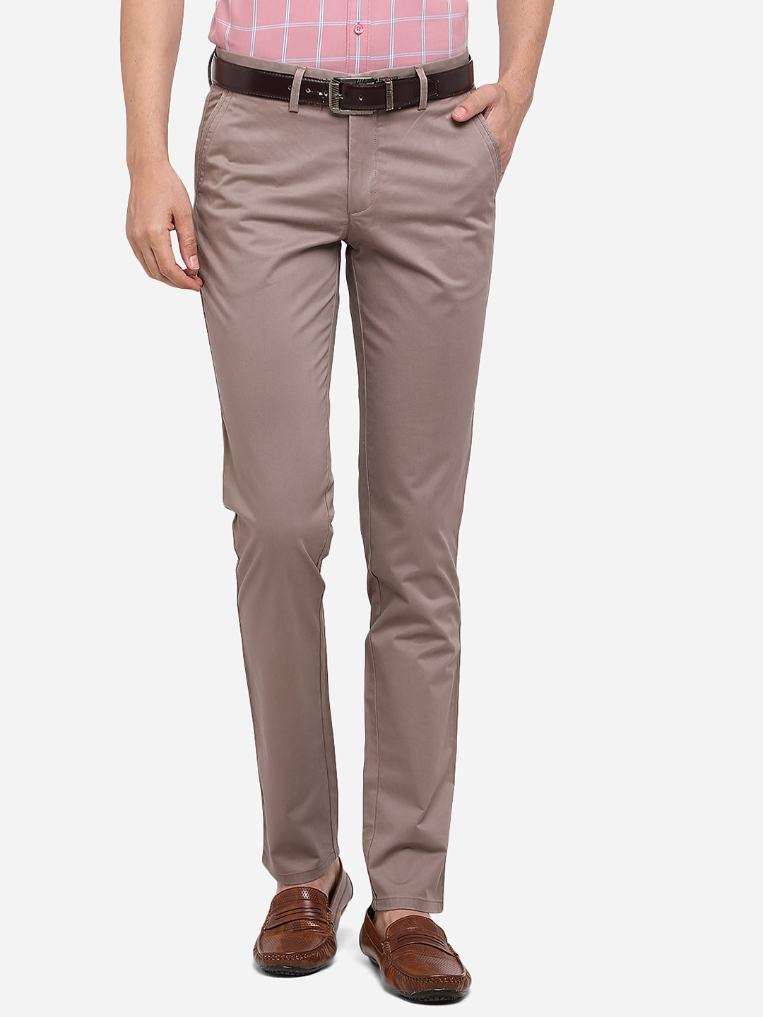 

JADE BLUE Men Brown Slim Fit Solid Pure Cotton Regular Trousers