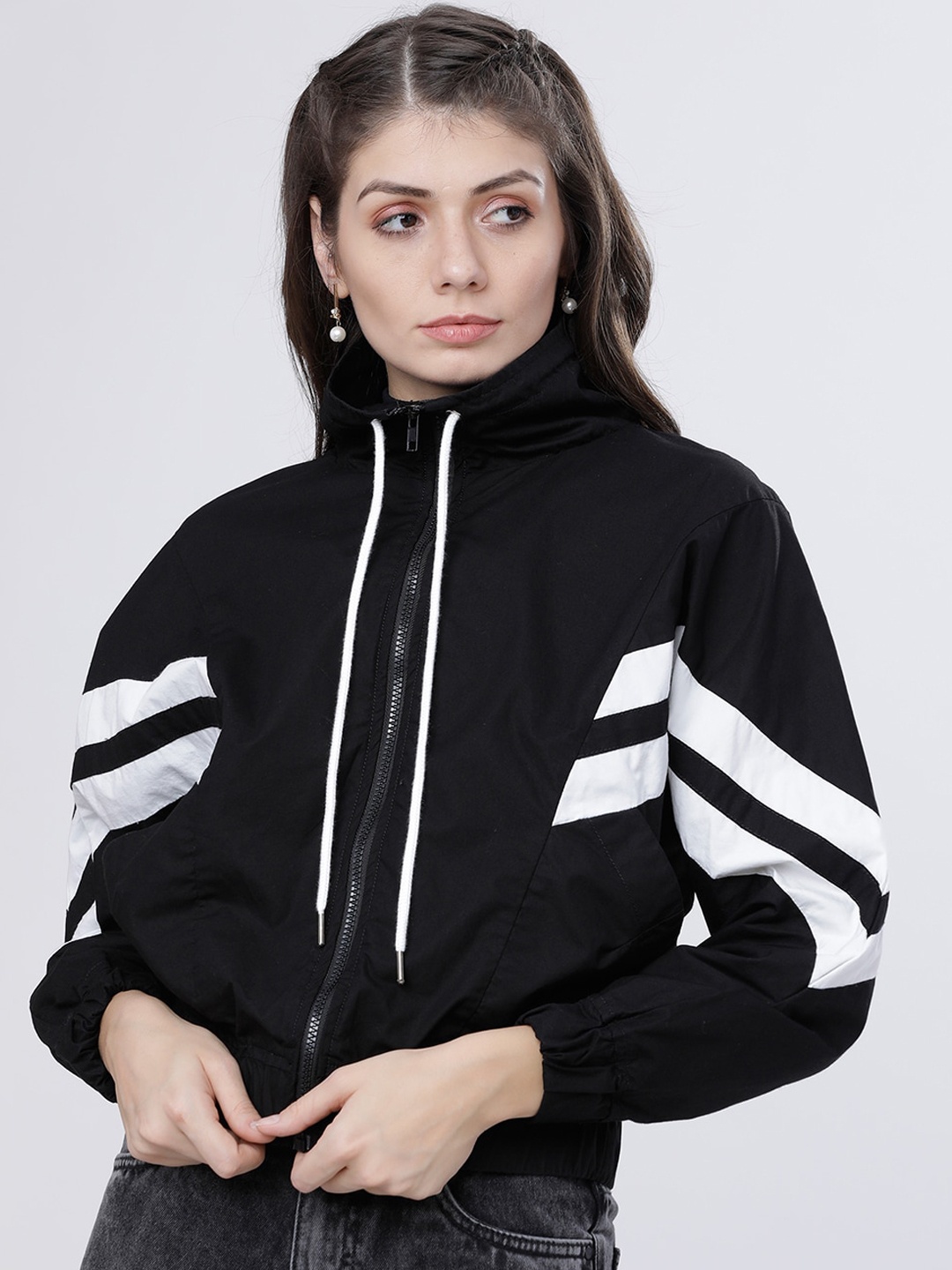 

Tokyo Talkies Women Black & White Striped Sporty Jacket