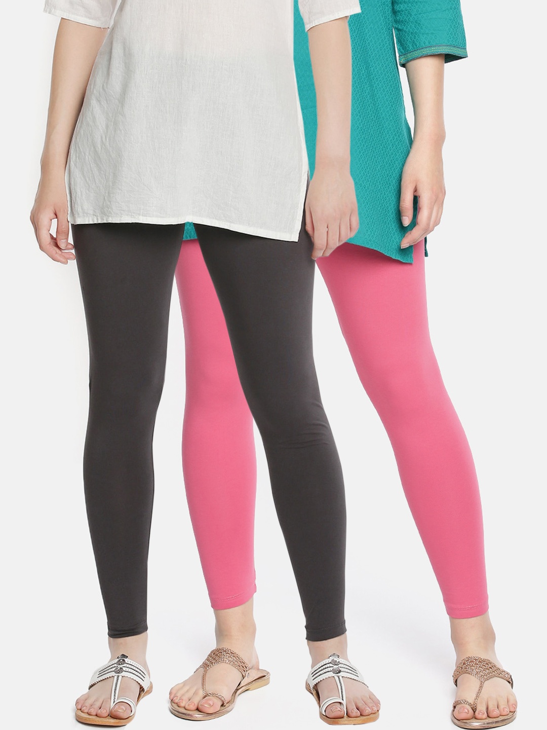 

Dollar Missy Women Pack Of 2 Solid Cotton Ankle-Length Leggings, Peach