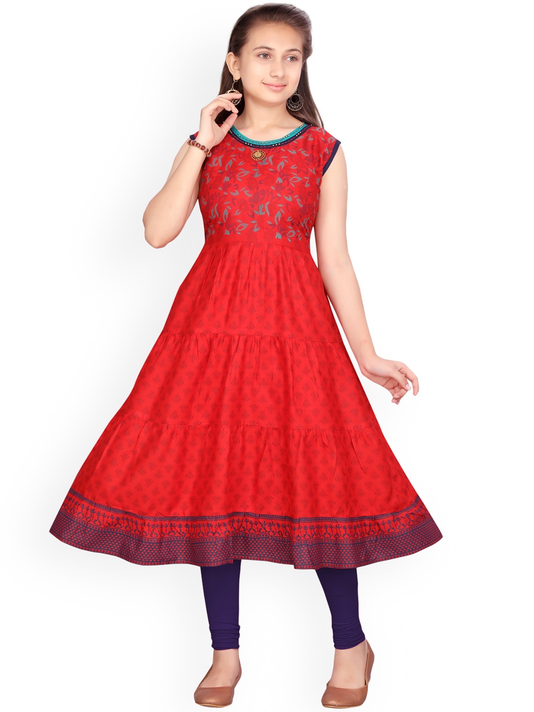 

Aarika Girls Red & Blue Printed Kurta with Churidar