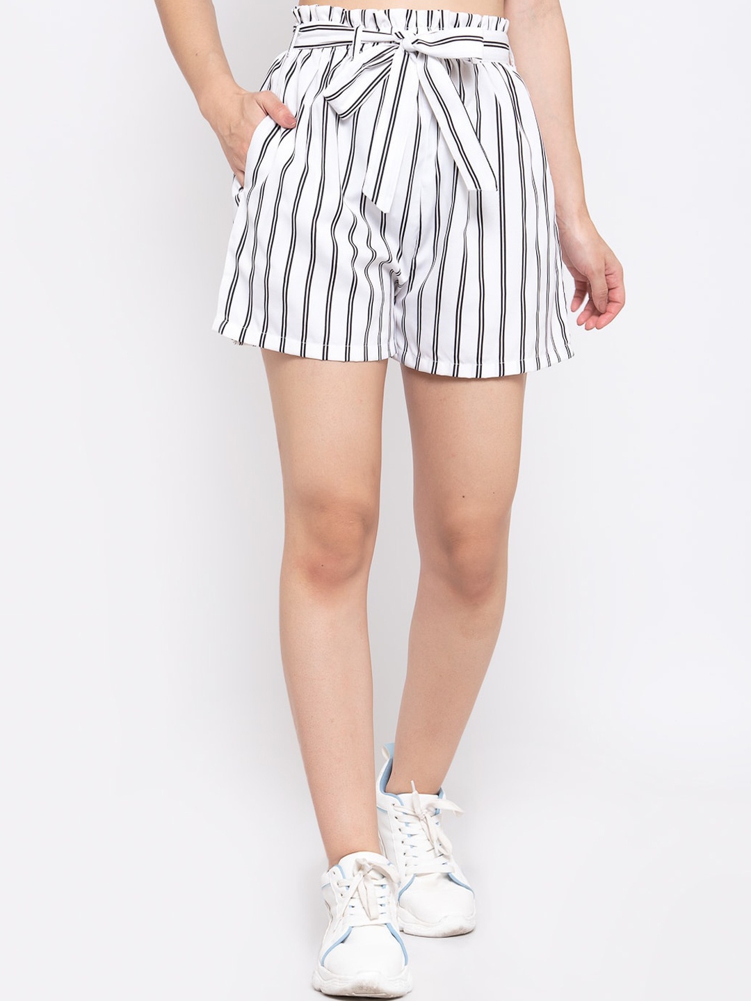 Zastraa Women White Striped Slim Fit Regular Shorts With Belt