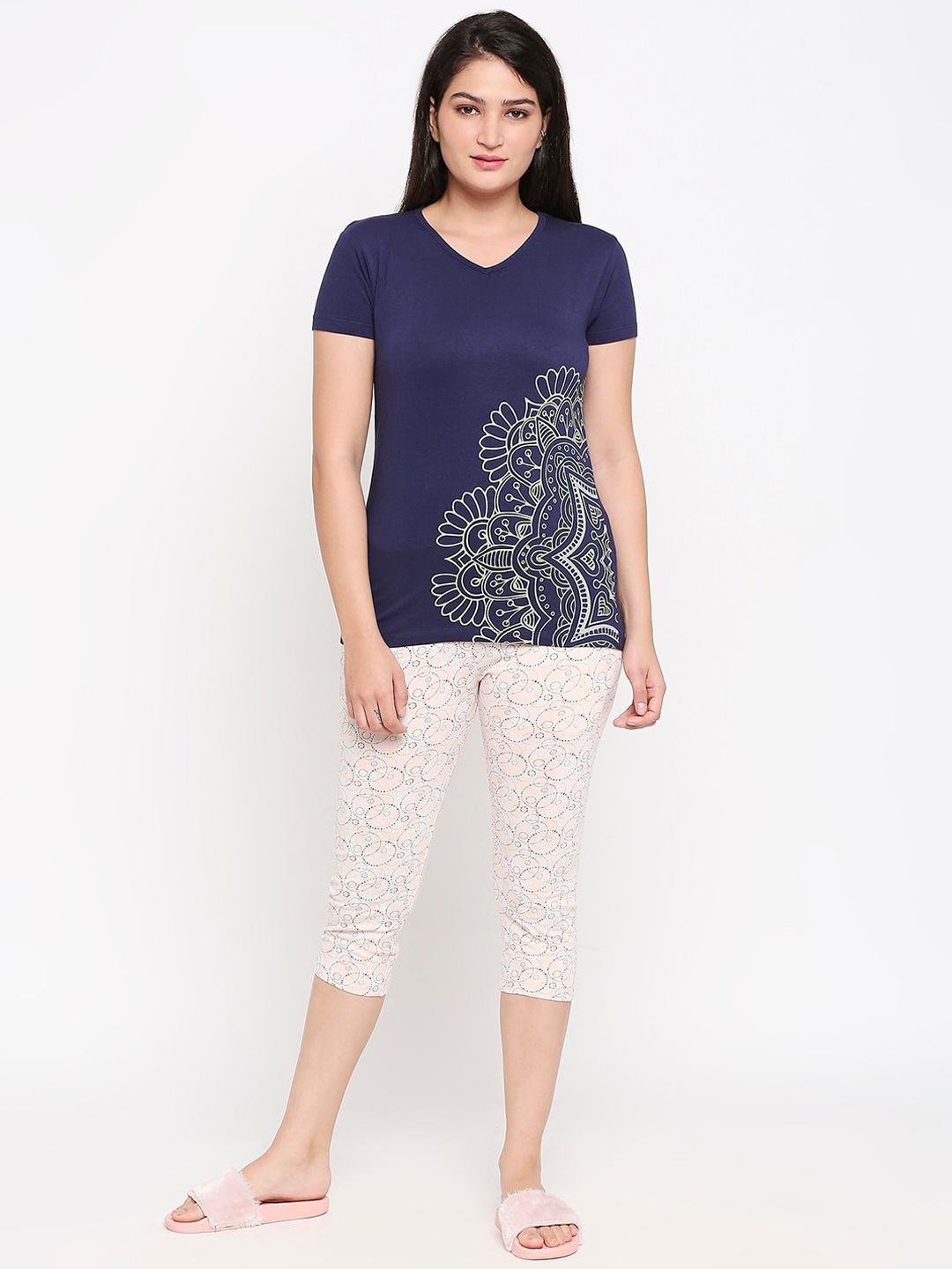 

XIN Women Navy Blue & Pink Printed Night suit