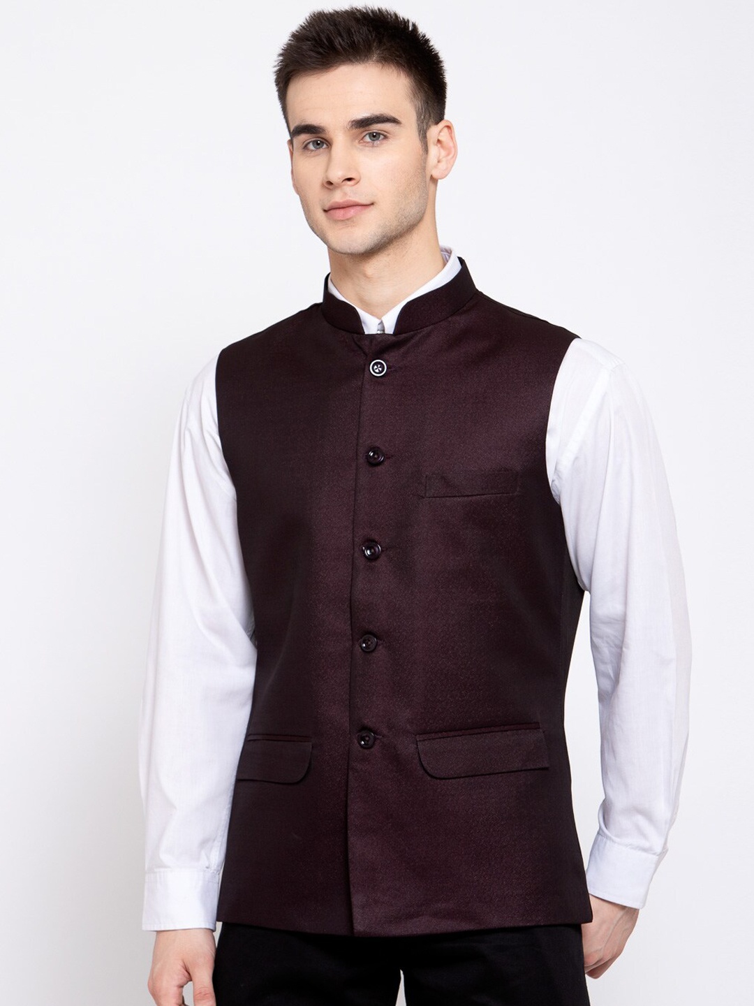 

Wintage Men Burgundy-Coloured Solid Formal Woven Nehru Jacket