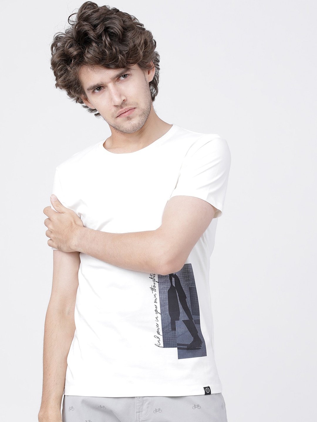 

LOCOMOTIVE Men White & Grey Printed Round Neck Slim Fit T-shirt