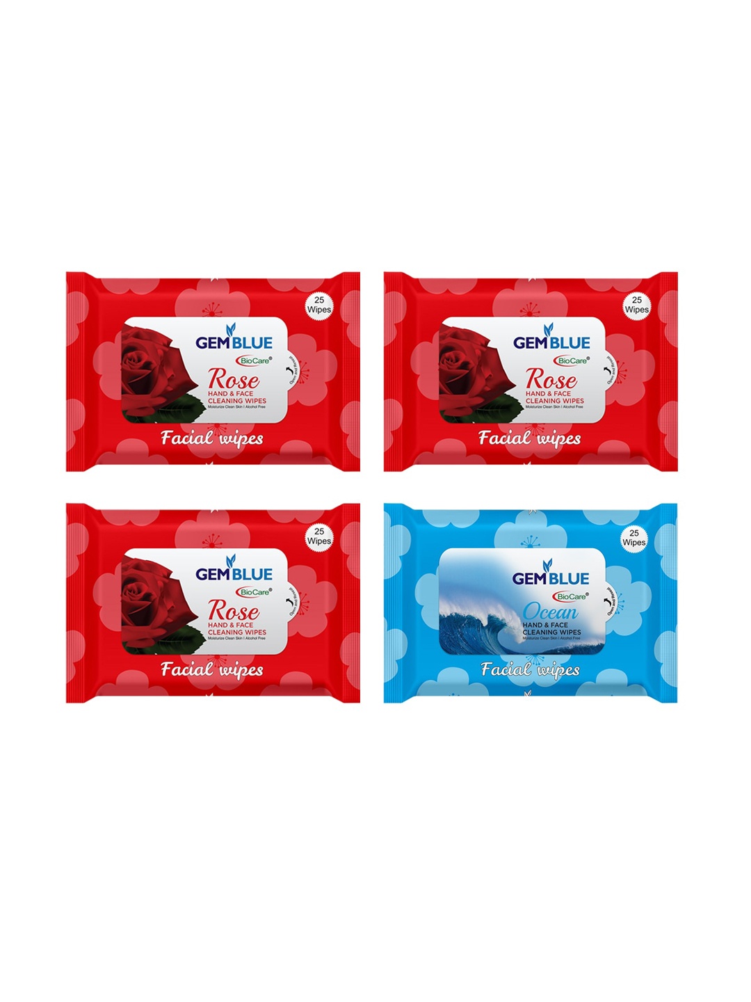 

GEMBLUE BioCare Set of 4 Rose & Ocean Facial Wipes, Red