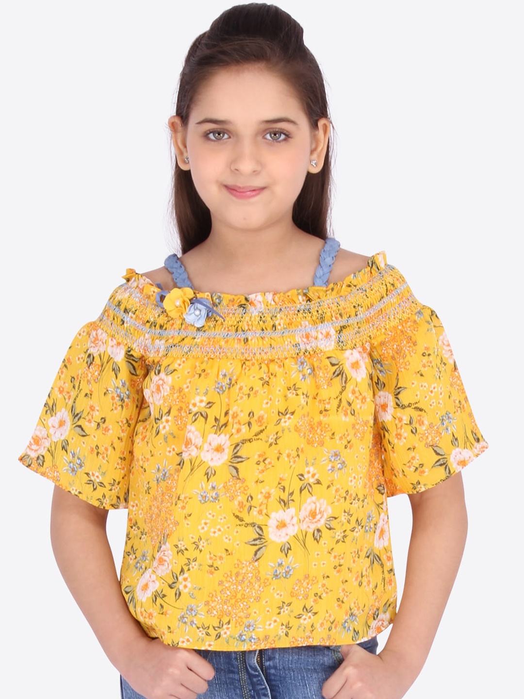 

CUTECUMBER Yellow Floral Printed Off-Shoulder Chiffon Regular Top