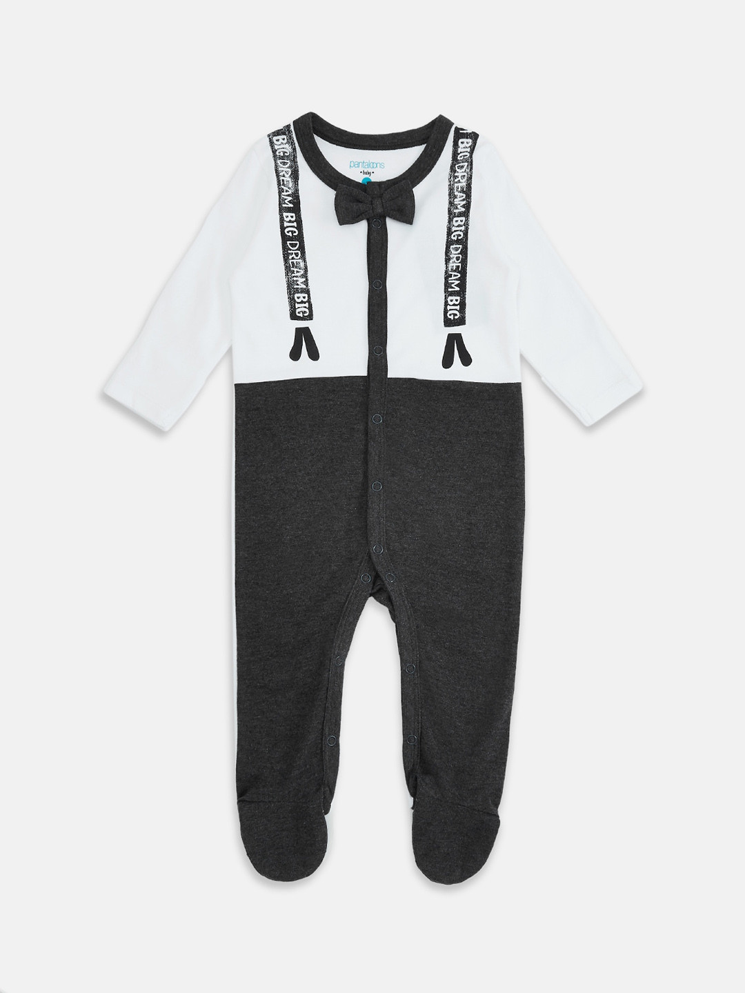 

Pantaloons Baby Infants Boys White & Charcoal Grey Printed Sleepsuit