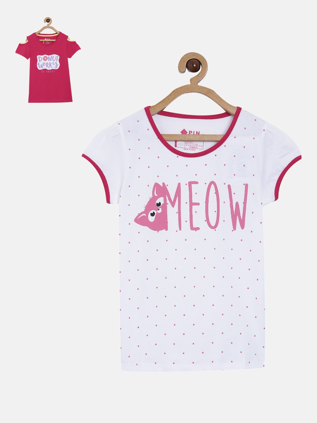 

3PIN Girls Pack Of 2 White Pink Printed Round Neck Cotton Pure Cotton T-shirt
