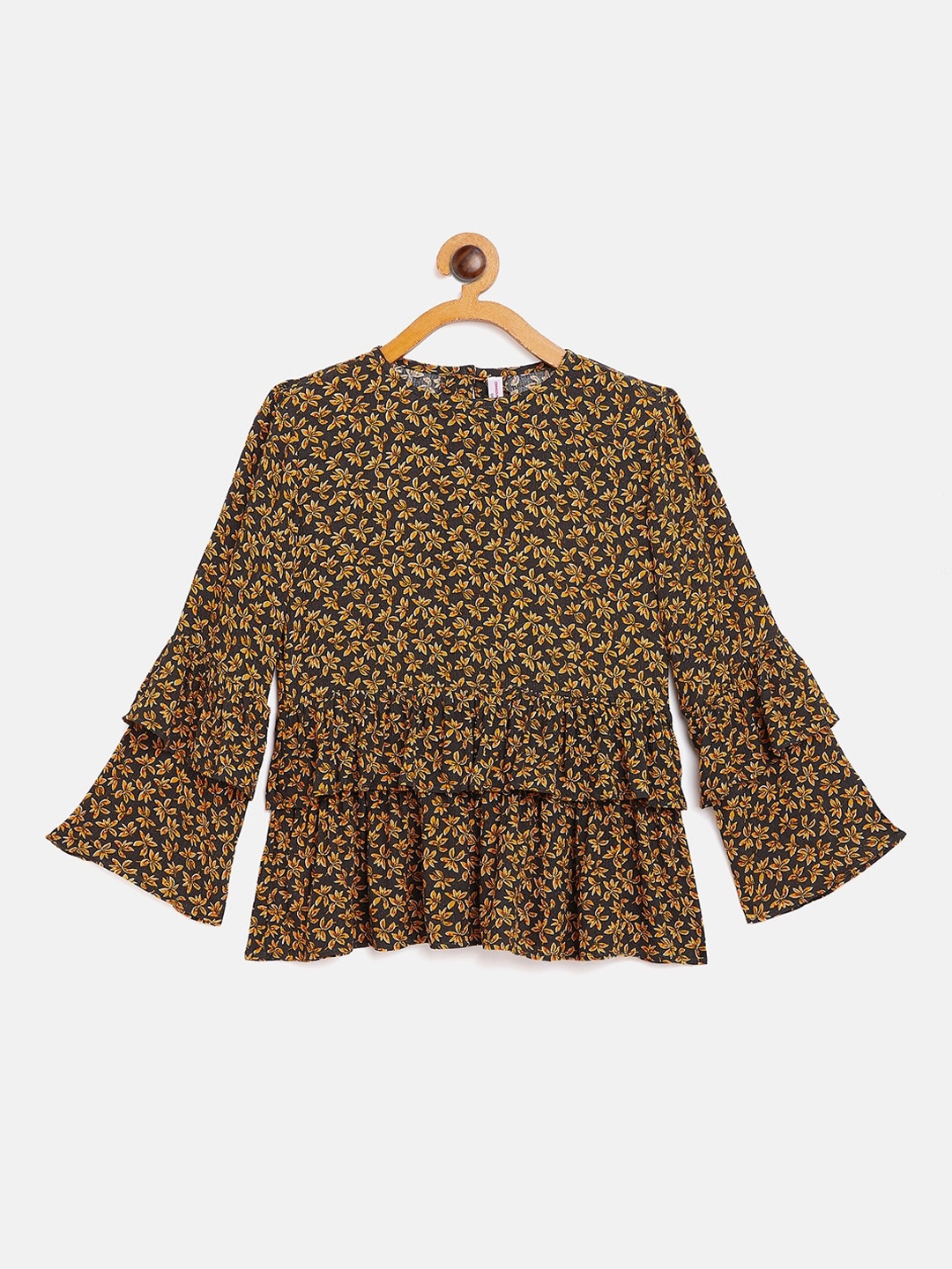 

Crimsoune Club Black & Yellow Floral Printed Bell Sleeves Tiered Top