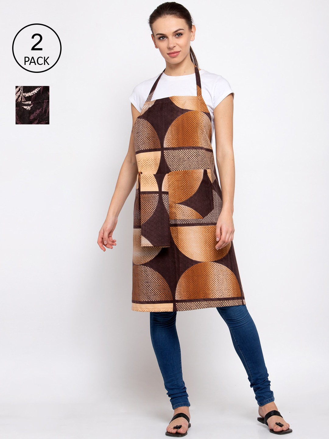 

KLOTTHE Pack Of 2 Printed 210 TC Cotton Aprons, Brown