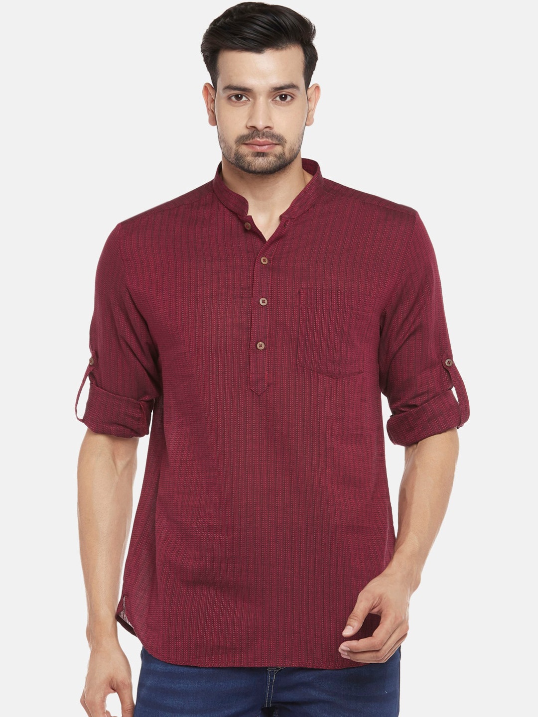 

indus route by Pantaloons Men Maroon Striped Dobby Kurta