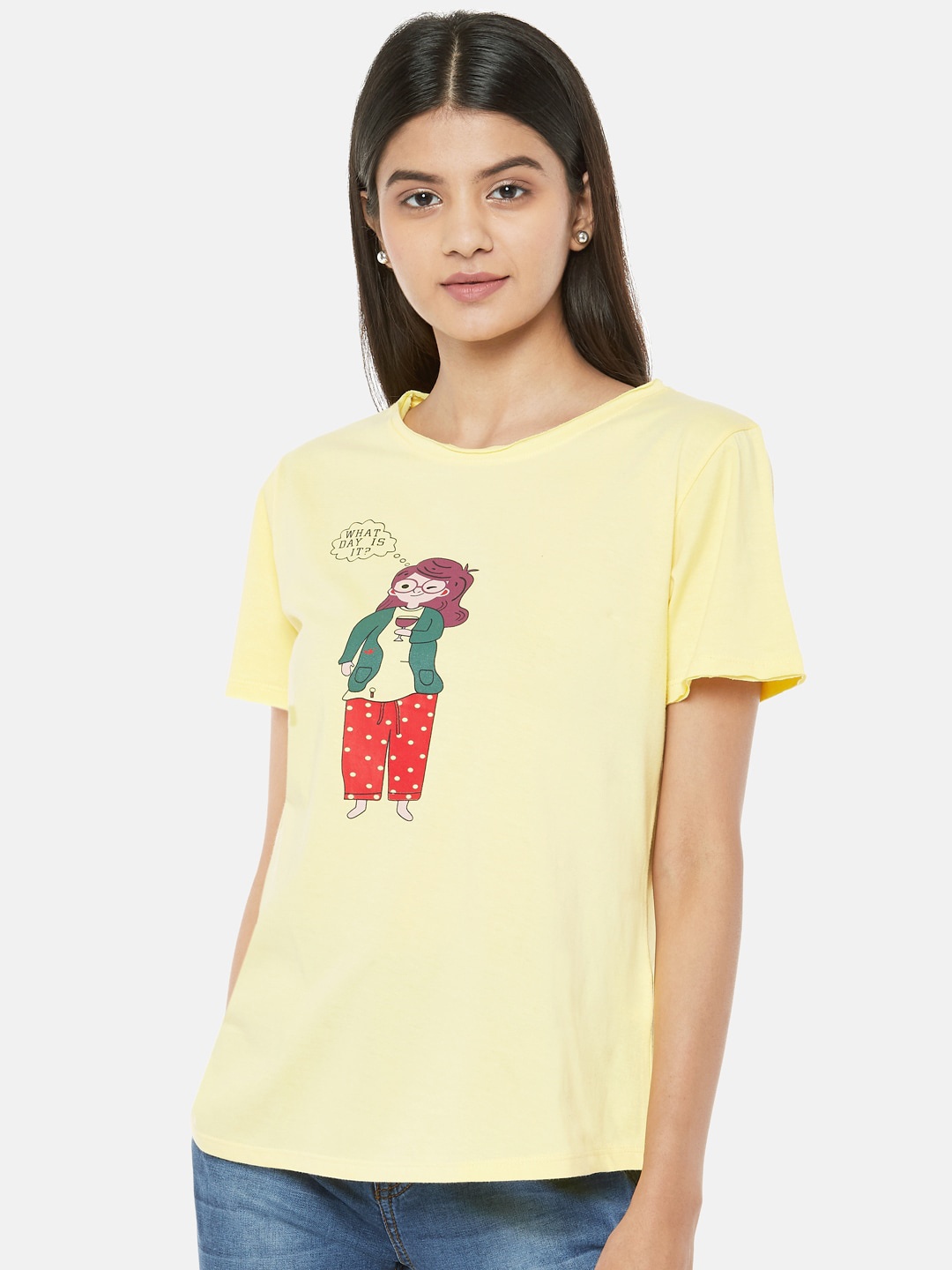 

People Women Yellow Red Printed Round Neck Cotton Pure Cotton T-shirt