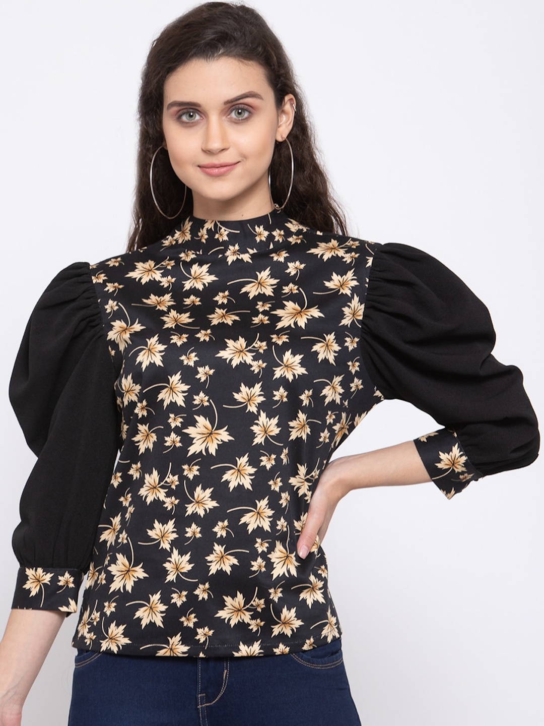 Zastraa Black Floral Puff Sleeves Regular Top