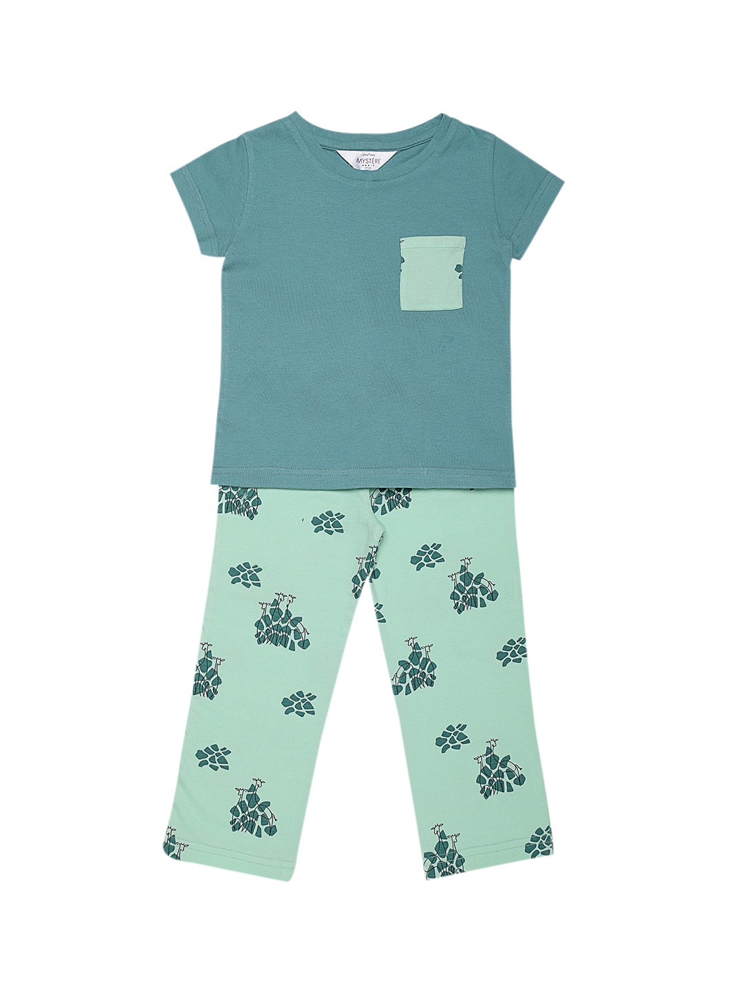 

Mystere Paris Girls Sea Green & Black Solid Night Suit