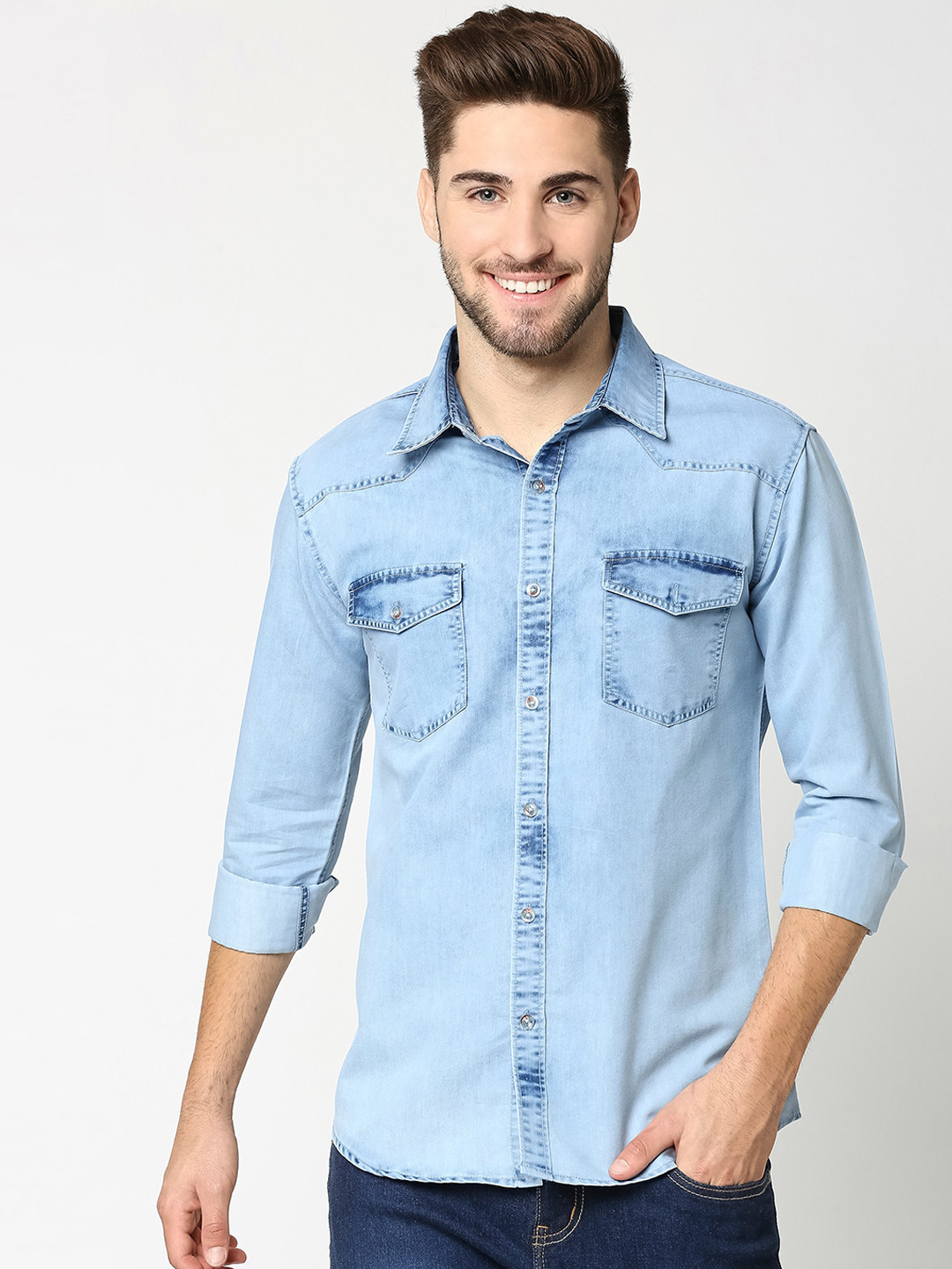 

High Star Men Blue Slim Fit Faded Casual Denim Shirt