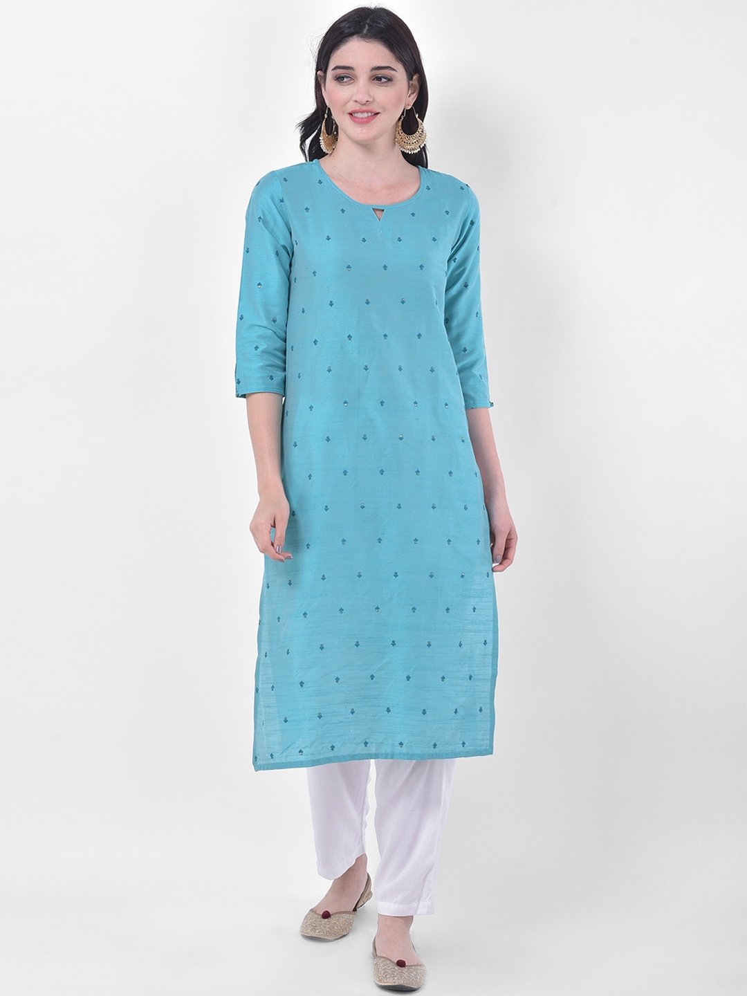 Span Women Blue Geometric Embroidered Keyhole Neck Kurta