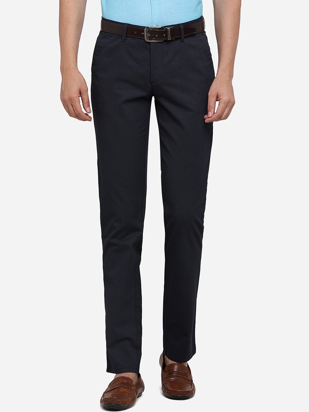 

JADE BLUE Men Navy Blue Slim Fit Solid Pure Cotton Regular Trousers