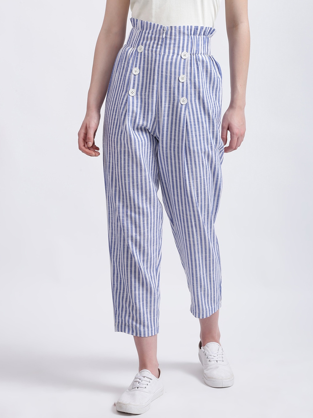 

Zink London Women White Regular Fit Striped Regular Trousers