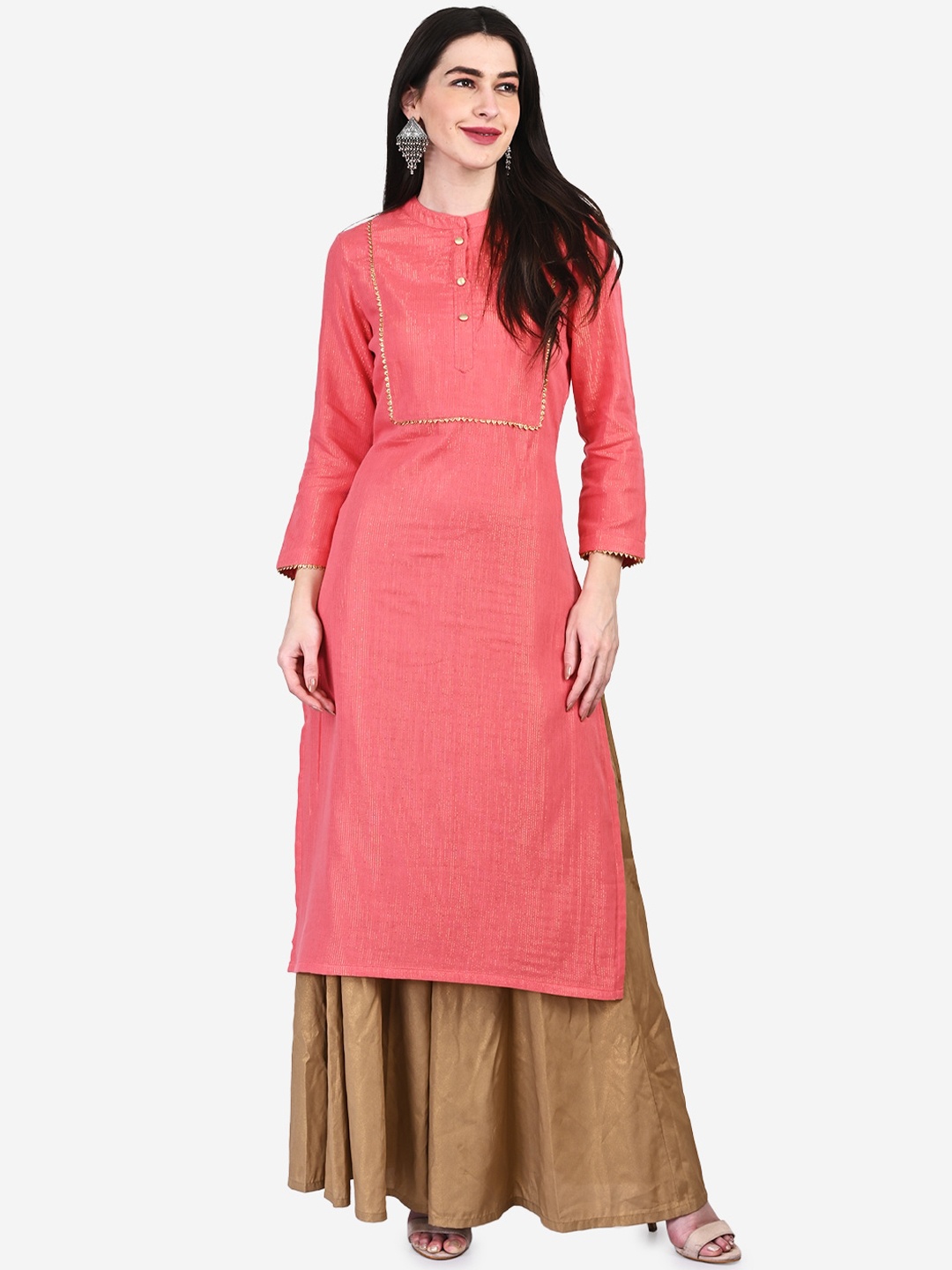 

Be Indi Women Mandarin Collar Solid Straight Side Slits Regular Kurta, Coral