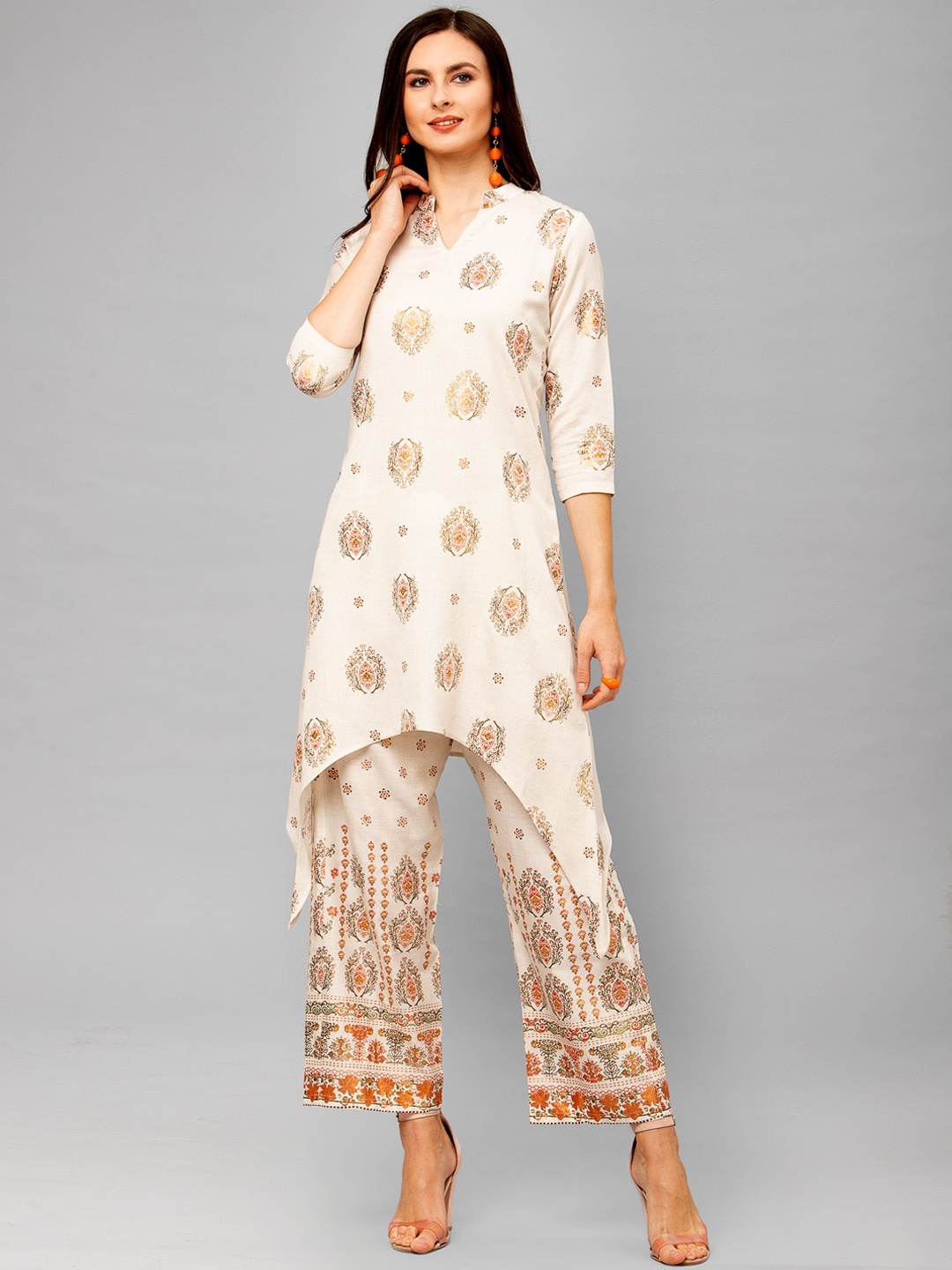

SANISA Women Off White & Orange Ethnic Motifs Printed Kurta
