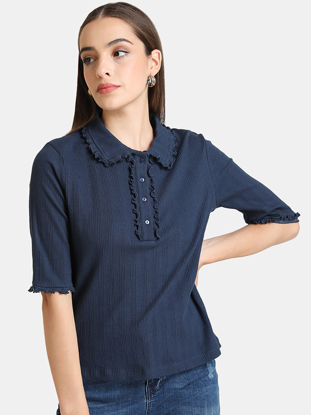 

Kazo Women Navy Blue Solid Cotton Polo Collar T-shirt