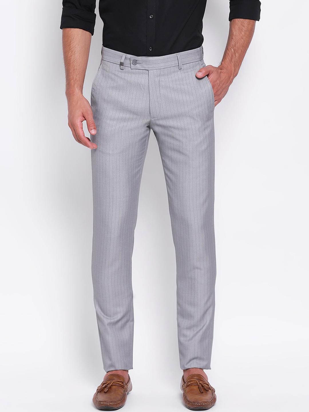 

Turtle Men Grey Slim Fit Striped Formal Trousers