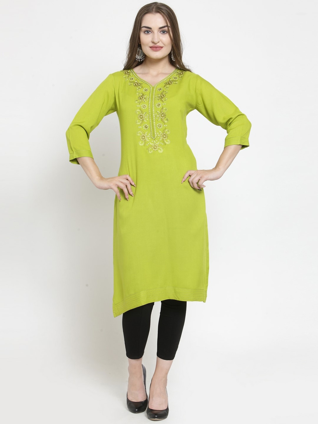 

Purple State Women Green & Black Yoke Design Kurta with Leggings