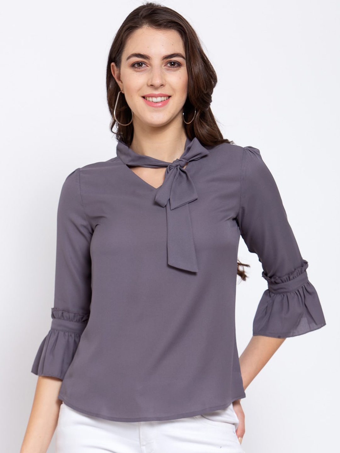 

Style Quotient Grey Tie-Up Neck Flared Sleeves Crepe Regular Top