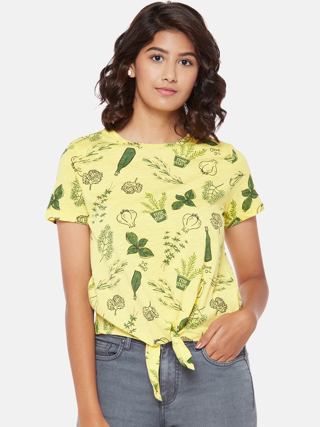 

People Yellow Printed Pure Cotton Regular Top