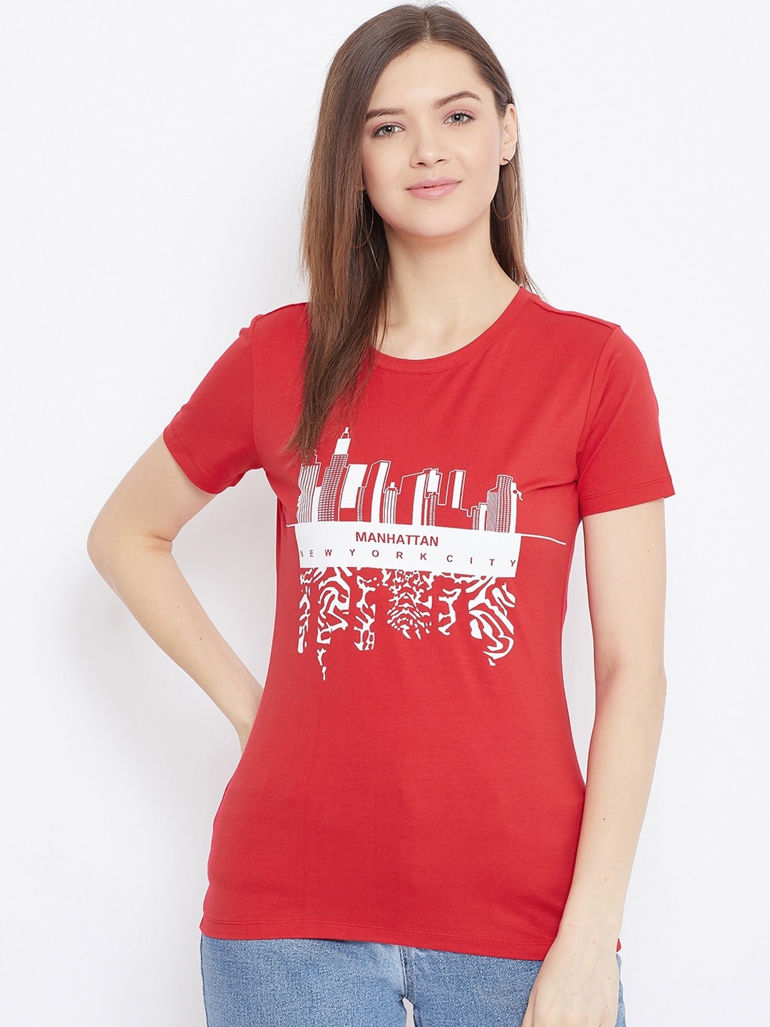 Bishop Cotton Women Red Printed Round Neck T-shirt