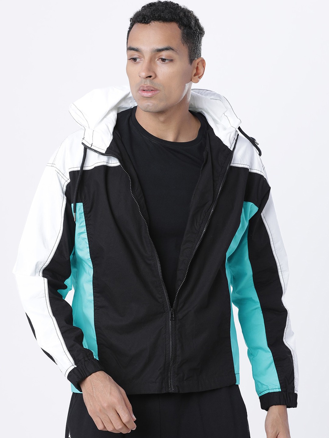 

LOCOMOTIVE Men Black & White Colourblocked Sporty Jacket