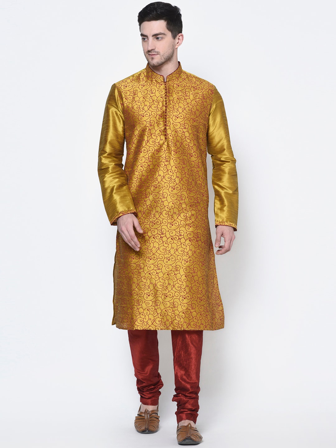 

DEYANN Men Mustard Yellow & Brown Printed Mandarin Collar Kurta