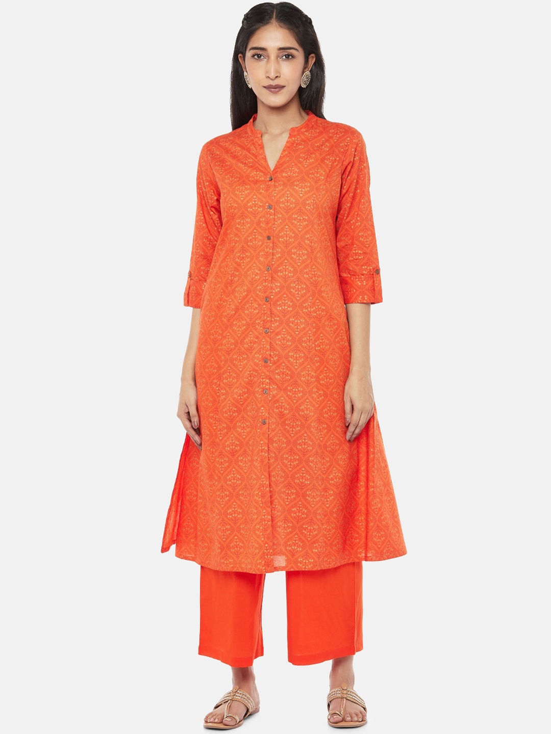 

RANGMANCH BY PANTALOONS Women Orange & Gold-Toned Printed Kurta with Palazzos
