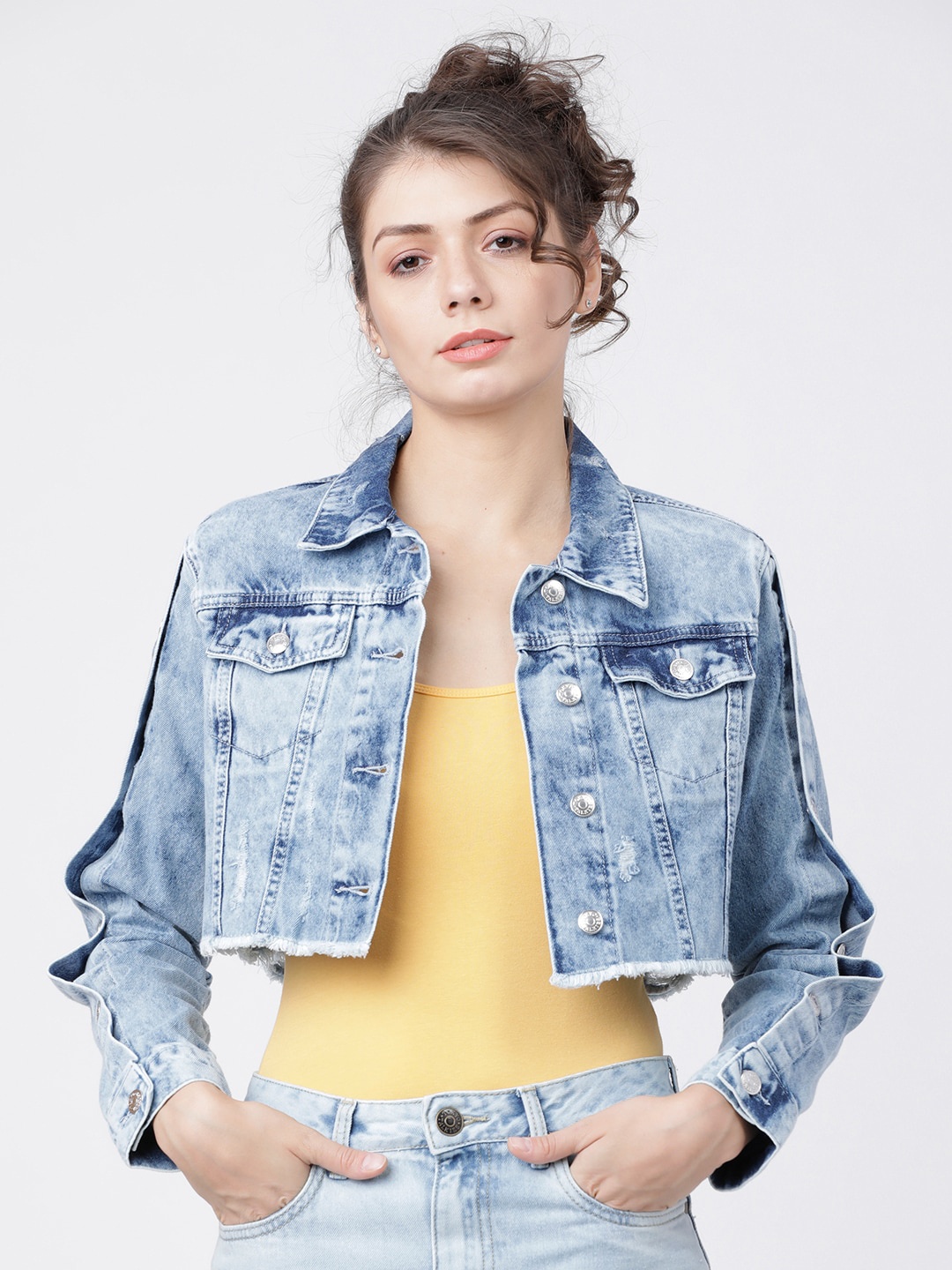

Tokyo Talkies Women Blue Solid Crop Denim Jacket