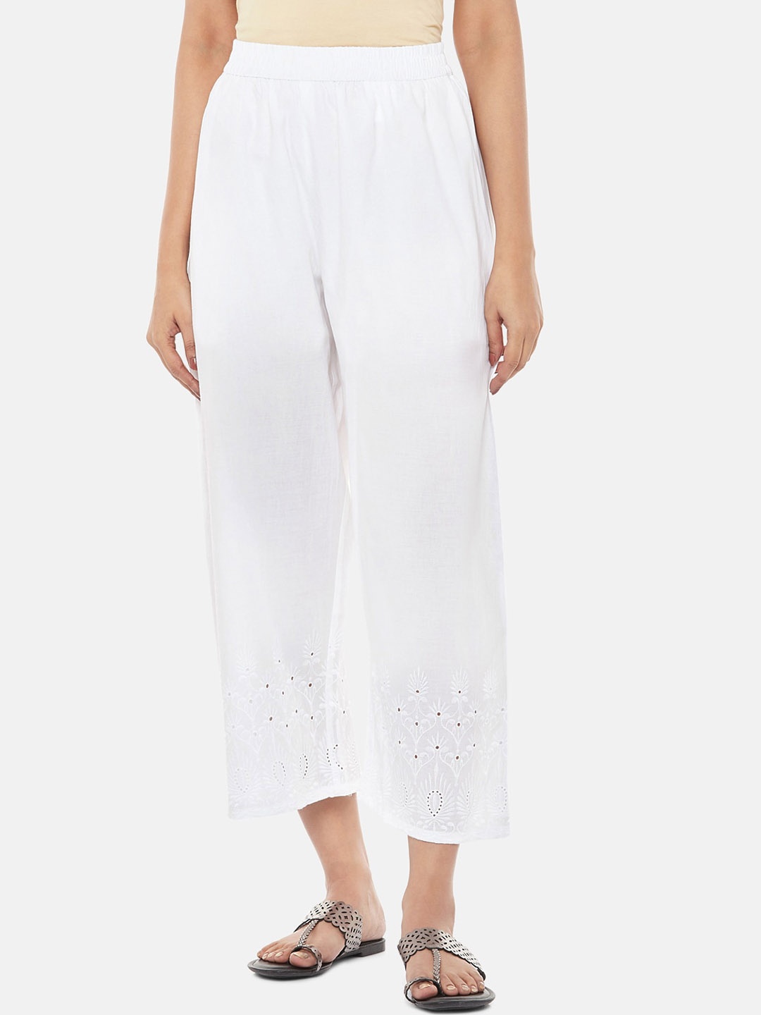 

RANGMANCH BY PANTALOONS Women White Regular Fit Cotton Embroidered Culottes