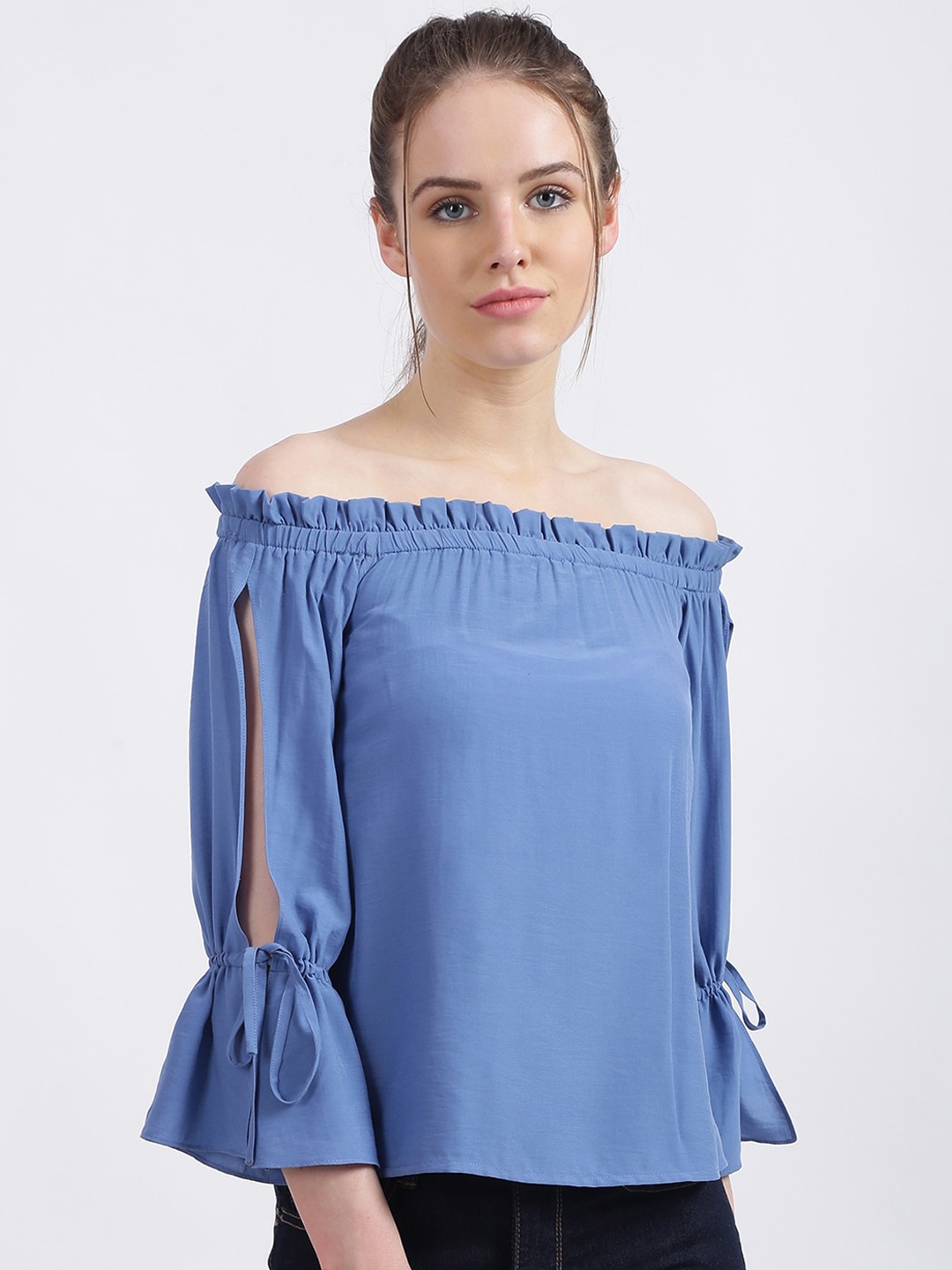 

Zink London Blue Off-Shoulder Slit Sleeves Bardot Top